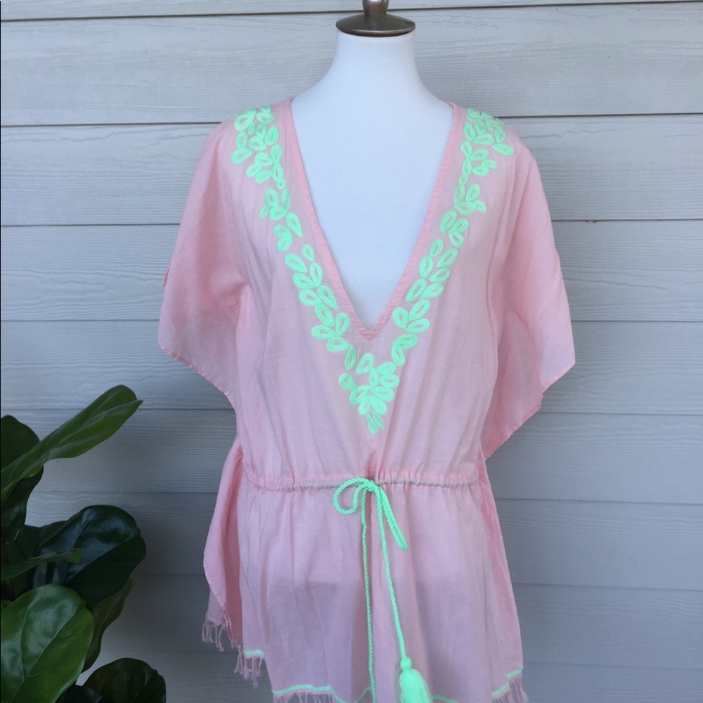 America & Beyond NWT Caftan Coverup Dress -  Lime + Peach Tassels | Small Medium